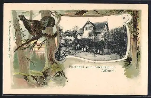 Passepartout-Lithographie Affental, Gasthaus zum Auerhahn, Auerhahn im Wald