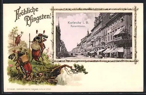 Passepartout-Lithographie Karlsruhe i. B., Kaiserstrasse, Maikäfer auf Wanderschaft