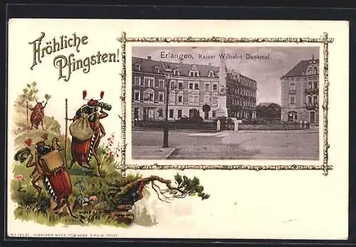 Passepartout-Lithographie Erlangen, Kaiser Wilhelm-Denkmal, Maikäfer auf Wanderschaft