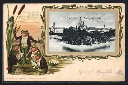 Passepartout-Lithographie Konstanz, Stadtgartenansicht, Frösche am Teich