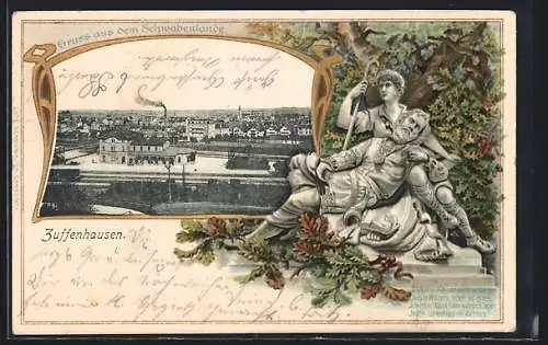 Passepartout-Lithographie Zuffenhausen /Schwabenland, Bahnhof, Denkmal