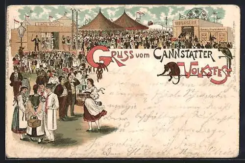 Lithographie Cannstatt, Volksfest mit Circus Magnus und Menagerie
