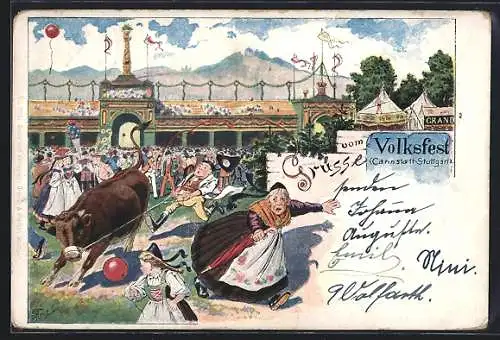 Lithographie Stuttgart, Partie auf dem Volksfest