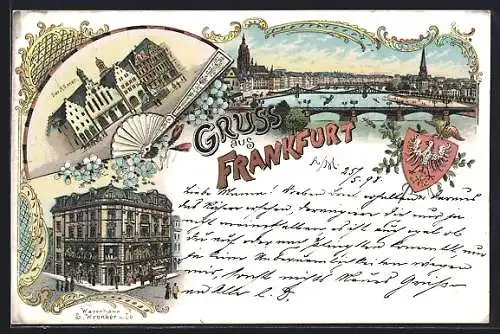 Lithographie Frankfurt /Main, Opernhaus, Warenhaus S. Wronker, Mainansicht