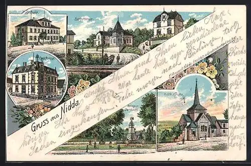 Lithographie Nidda, Sparkasse, Katholische Kirche, Schule