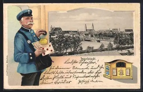 Lithographie Ingolstadt, Teilansicht mit Kirche, Briefträger und Postkasten