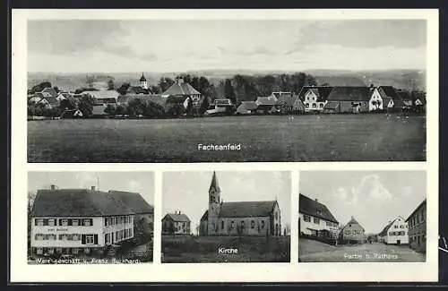 AK Fachsenfeld, Warengeschäft von Franz Burkhardt, Rathaus, Kirche