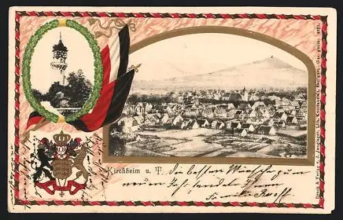 Passepartout-Lithographie Kirchheim u. T., Ortsansicht, Turm, Wappen und Fahne