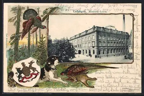 Passepartout-Lithographie Vaihingen / Fildern, Brauerei Leicht, Jagdhund mit Auerhahn, Hase und Fasan, Wappen