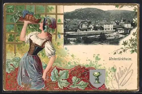 Passepartout-Lithographie Untertürkheim, Teilansicht, Untertürkheimerin mit Weintrauben-Tablett, Wappen