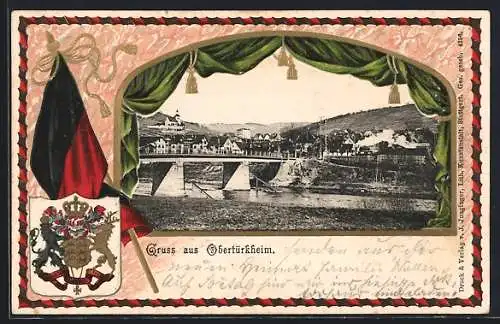 Passepartout-Lithographie Obertürkheim, Blick über die Brücke zum Ort, Wappen und Fahne