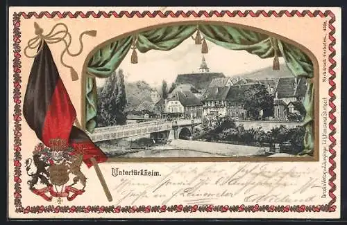 Passepartout-Lithographie Untertürkheim, Teilansicht mit Brücke, Wappen und Fahne
