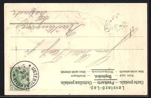 Passepartout-Lithographie Untertürkheim, Teilansicht mit Brücke, Wappen und Fahne