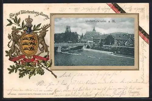 Passepartout-Lithographie Untertürkheim a. N., Teilansicht mit Brücke, Wappen von Württemberg