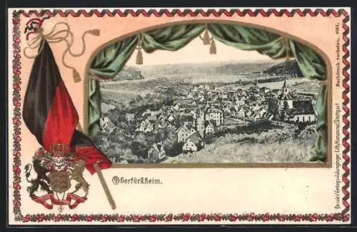 Passepartout-Lithographie Obertürkheim, Panoramablick auf den Ort, Wappen und Fahne