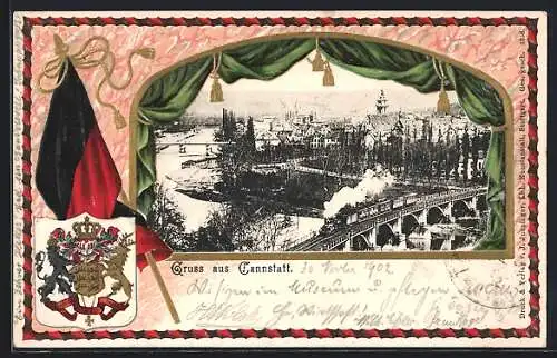 Passepartout-Lithographie Cannstatt, Teilansicht mit Eisenbahnbrücke, Wappen und Fahne
