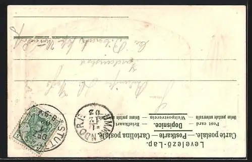 Passepartout-Lithographie Cannstatt, Teilansicht mit Eisenbahnbrücke, Wappen und Fahne