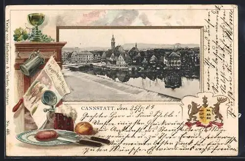 Passepartout-Lithographie Cannstatt, Teilansicht aus der Vogelschau mit Wappen und gedecktem Tisch