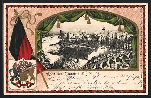 Passepartout-Lithographie Cannstatt, Eisenbahnbrücke und Teil der Ortschaft, Wappen und Fahne