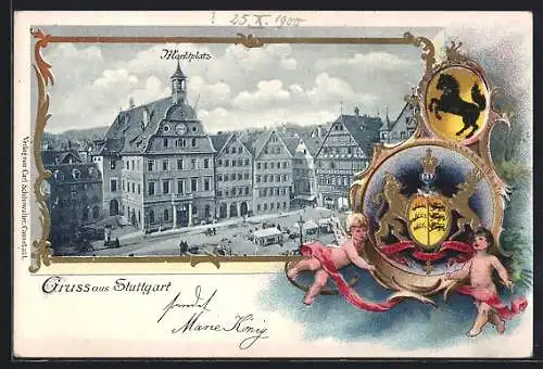 Passepartout-Lithographie Stuttgart, Blick auf den Marktplatz, Wappen