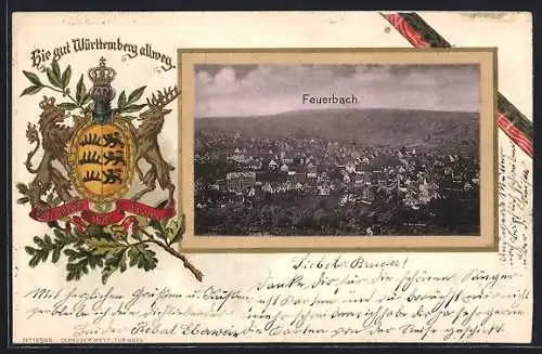 Passepartout-Lithographie Feuerbach / Stuttgart, Ortsansicht aus der Vogelschau, Wappen von Württemberg