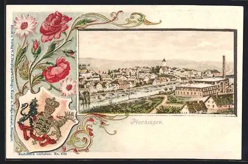 Passepartout-Lithographie Plochingen, Teilansicht der Stadt, Wappen und Blumen