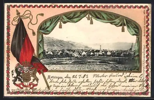 Passepartout-Lithographie Metzingen / Württ., Ortspanorama und Flagge mit Wappen