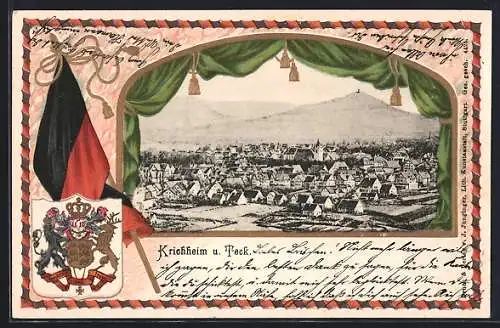 Passepartout-Lithographie Kirchheim-Teck, Totale im geprägten Fenster mit Wappen