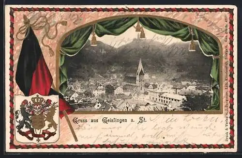 Passepartout-Lithographie Geislingen a. St., Kirche im Ortsbild, Wappen und Fahne