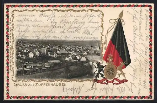 Passepartout-Lithographie Zuffenhausen, Teilansicht aus der Vogelschau, Wappen und Fahne