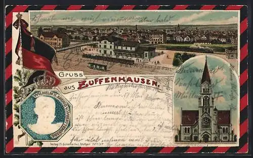 Passepartout-Lithographie Zuffenhausen, Paulus-Kirche, Bahnhof aus der Vogelschau, König Wilhelm II. von Württemberg