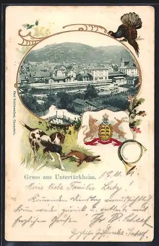 Passepartout-Lithographie Untertürkheim, Ortsansicht, Wappen und Jagdhund
