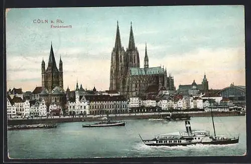 AK Köln a. Rh., Frankenwerft mit Dom und Dampfboot