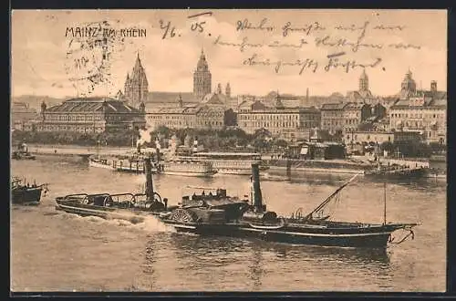 AK Mainz, Flusspartie mit Dampfer, Panorama