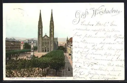 AK Wiesbaden, Louisenplatz mit katholischer Kirche und K. Gymnasium
