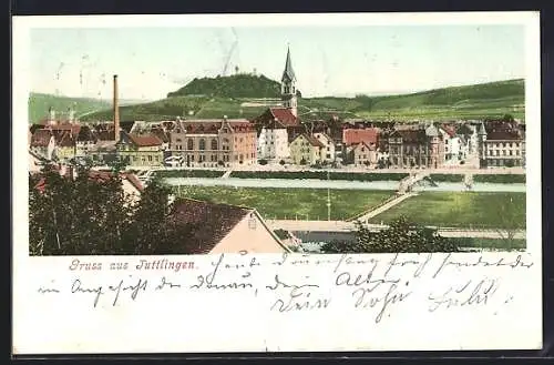 AK Tuttlingen, Teilansicht mit der Ruine im Hintergrund