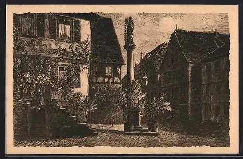 Künstler-AK Amorbach / Unterfranken, Marktplatz mit Mariensäule