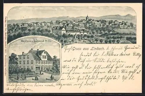 Lithographie Lindach / Schwäb. Gmünd, Gasthaus zum Lamm von J. Pritz, Ortsansicht