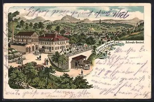 Lithographie Schwäb. Gmünd, Gasthof Ritterburg, Ortsansicht aus der Vogelschau