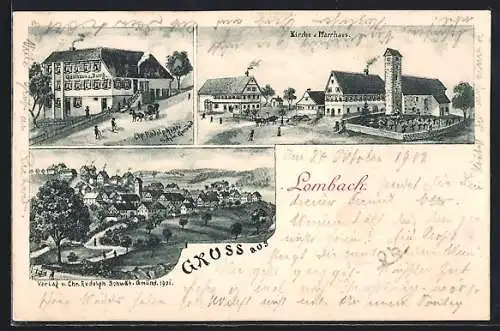 Lithographie Lombach, Gasthaus z. Burg, Kirche und Pfarrhaus