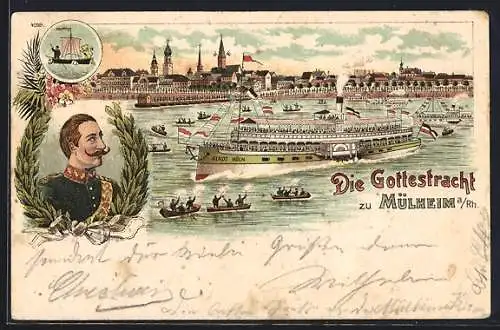 Lithographie Mülheim / Ruhr, Die Gottestracht, Dampfschiff Stadt Köln