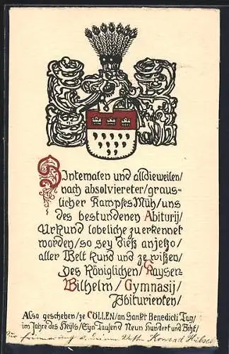 Künstler-AK Köln, Absolvia des Kaiser-Wilhelm-Gymnasium, Wappen