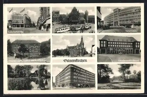 AK Gelsenkirchen, Bahnhofstrasse, Hauptbahnhof, Sparkasse, Landeszentralbank, Polizeiamt