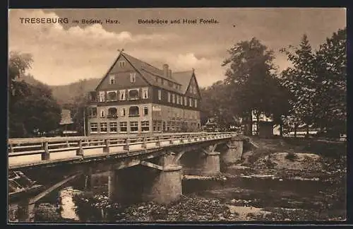 AK Treseburg /Bodetal, Bodebrücke und Hotel Forelle