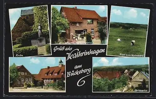 AK Kathrinhagen am Bückeberg, Lebensmittelgeschäft L. Hartmann, Schule, Kirche, Ortspartie