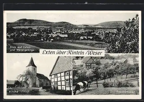 AK Exten über Rinteln, Kirche, Eisenhammer und Blick auf das Wesergebirge