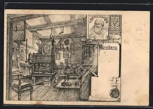 Künstler-AK Nürnberg, Schuster-Werkstätte, Hans Sachs