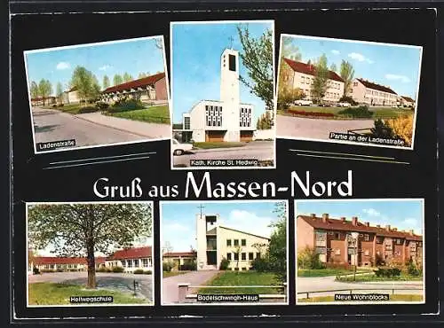 AK Massen-Nord / Unna, Ladenstrasse, Hellwegschule, Bodelschwingh-Haus, Neue Wohnblocks
