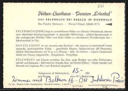 AK Erlenbach bei Erbach, Höhen-Gasthaus Erlenhof, Bes. Familie Heilmann