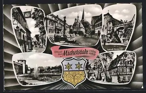 AK Michelstadt /Odenwald, Rathaus und Marktbrunnen, Schloss Fürstenau, Keilereihof, Stadtgarten